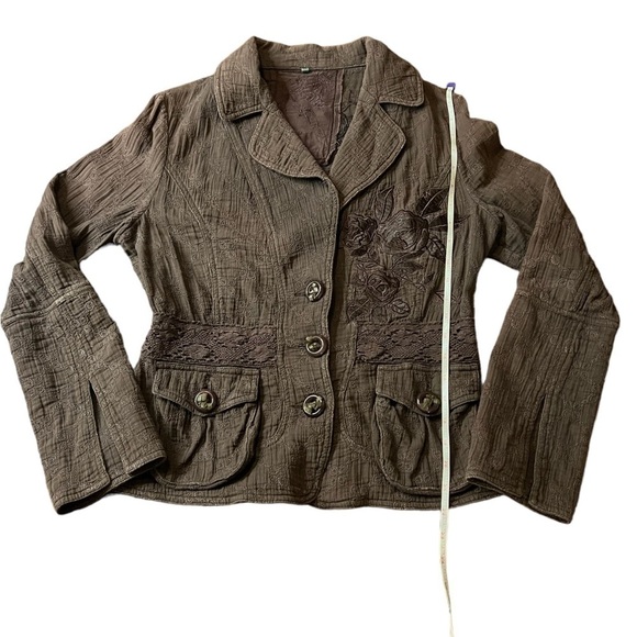 LOVE POLLY WOMENS CHOCOLATE BROWN JACKET WITH FLORAL EMBROIDERY SIZE MEDIUM - Picture 9 of 11